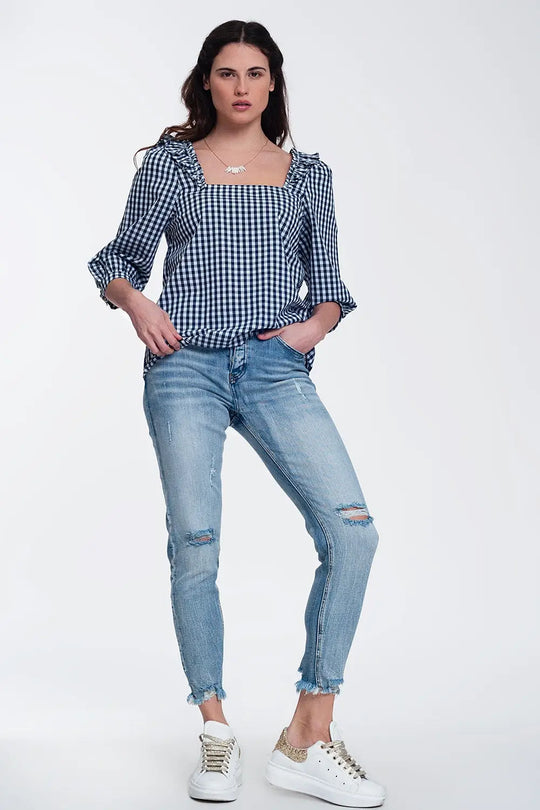 Check square neck top in navy - Tops