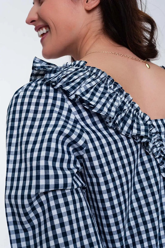 Check square neck top in navy - Tops