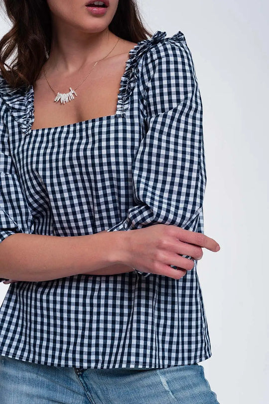 Check square neck top in navy - Tops