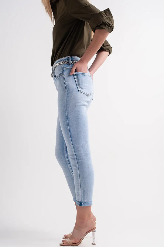 Straight leg jeans with folded ankles in light denim