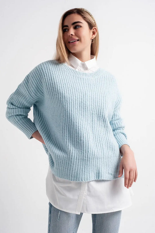 Turquoise round neck boyfriend sweater - Sweaters