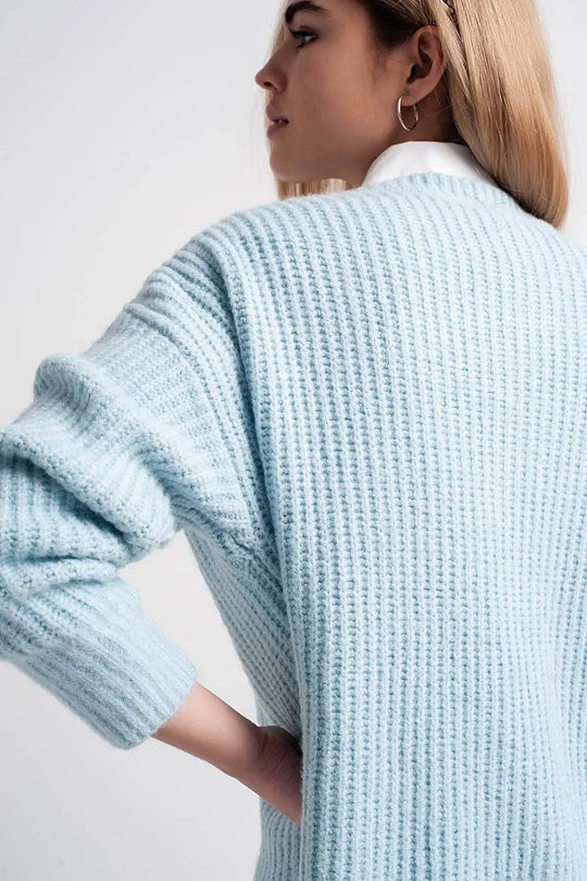 Turquoise round neck boyfriend sweater - Sweaters