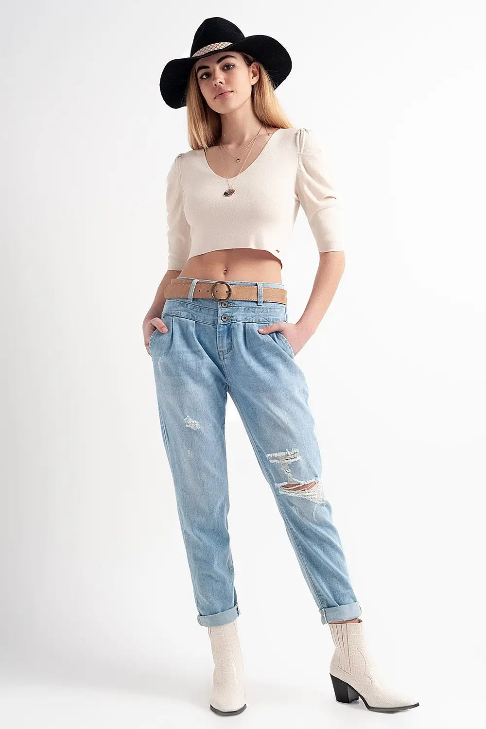 Jean with double waistband in blue with rips