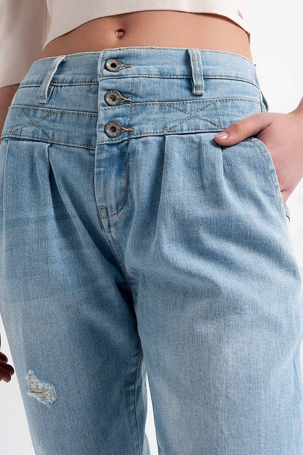 Jean with double waistband in blue with rips