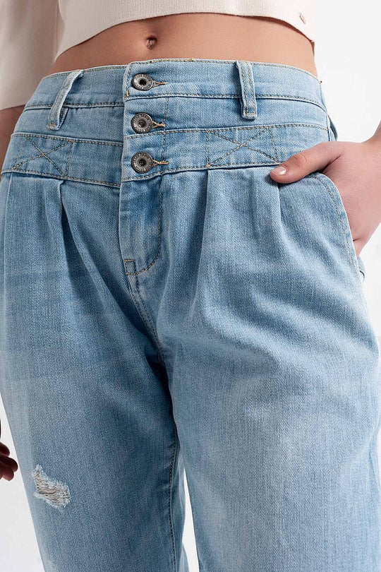 Jean with double waistband in blue with rips