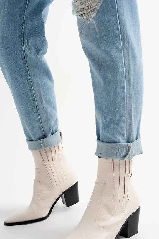 Jean with double waistband in blue with rips
