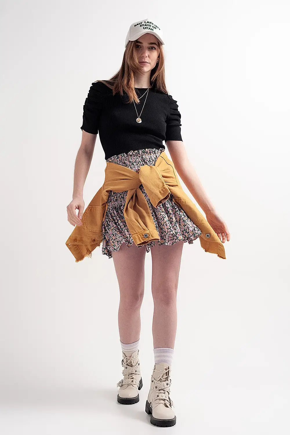 Shirred skater skirt co-ord in black ditsy floral - Skirts