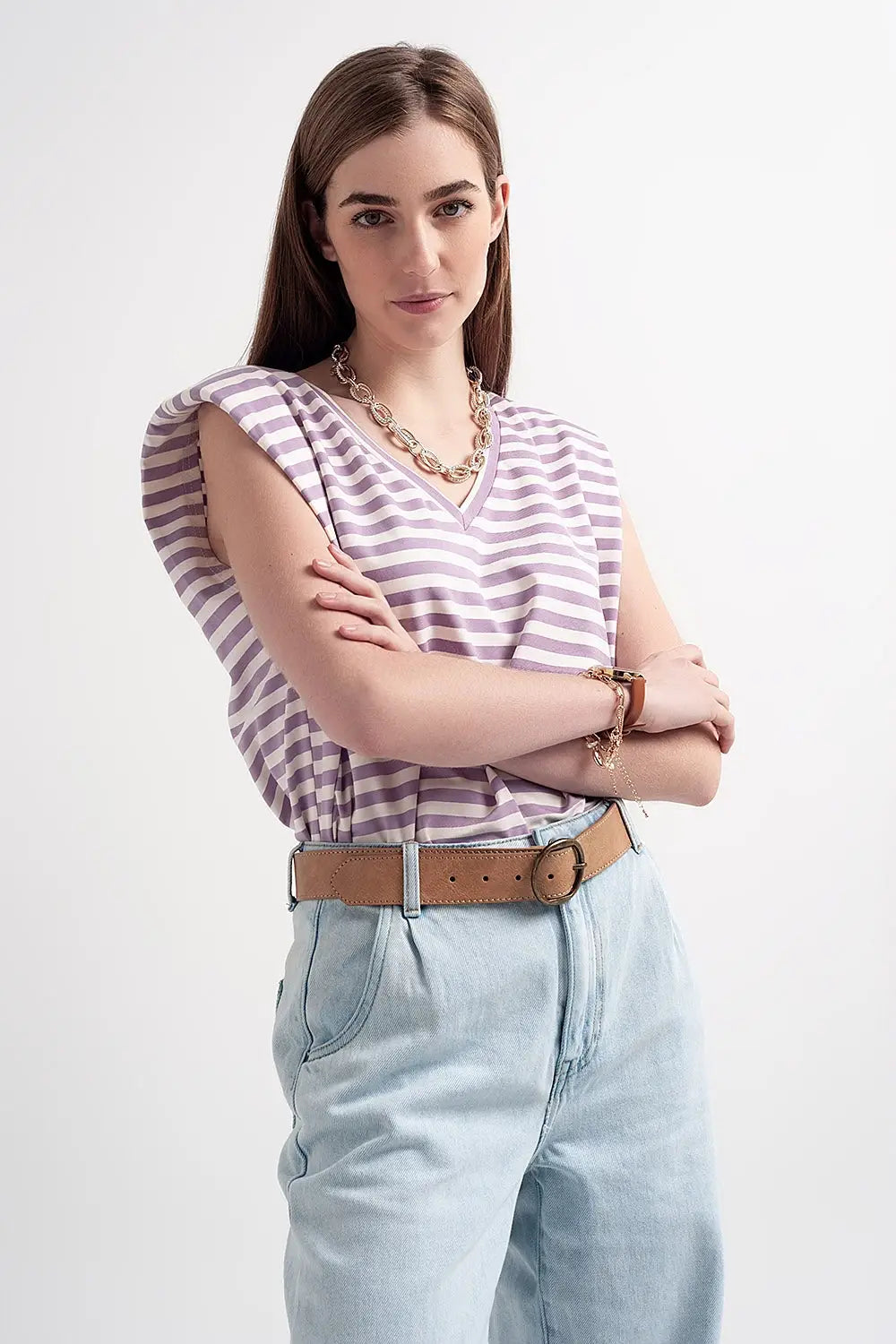 sleeveless t-shirt with shoulder pad in purple stripe - T-Shirts