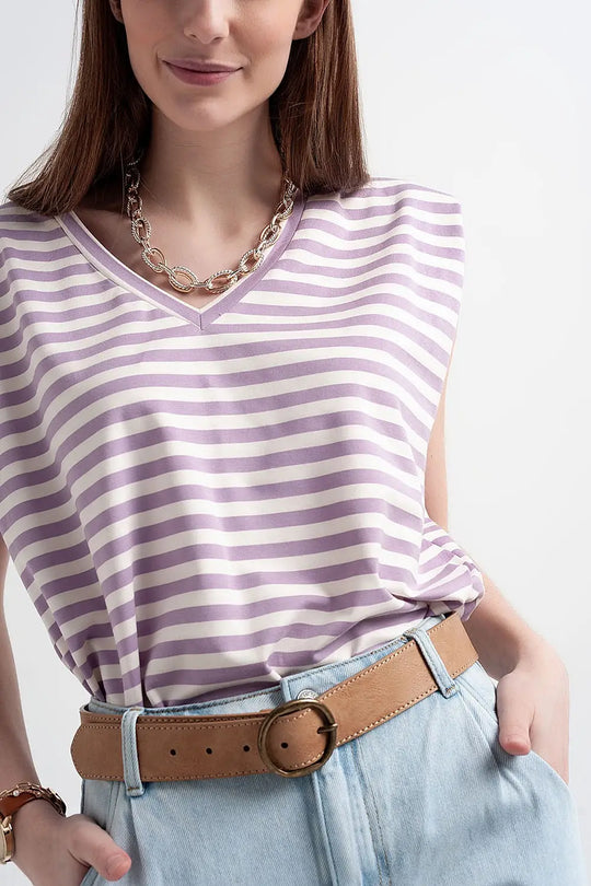 sleeveless t-shirt with shoulder pad in purple stripe - T-Shirts