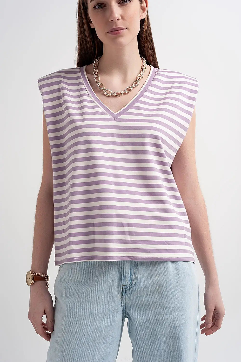 sleeveless t-shirt with shoulder pad in purple stripe - T-Shirts