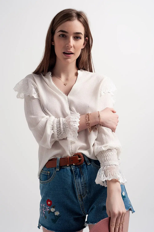 Volume sleeve blouse with cuff sleeve in oyster - Shirts