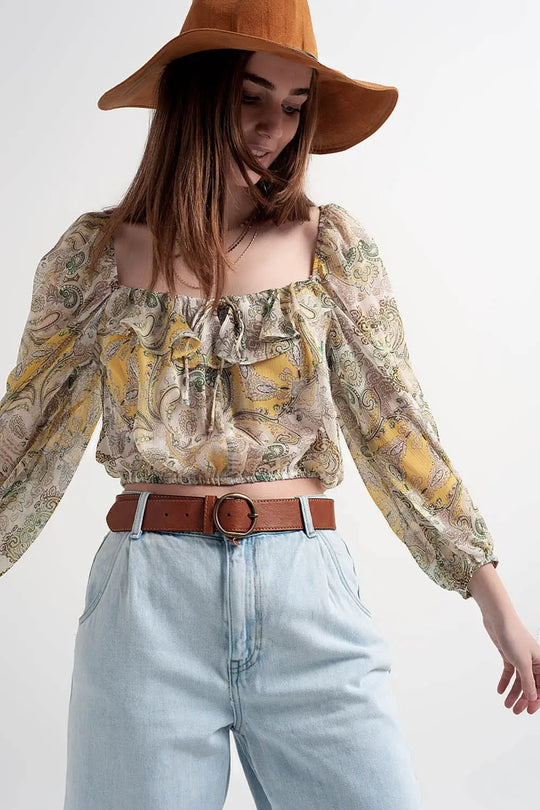 Long sleeve sheer top with shirred waist and tie detail in cachemir - Shirts Tops