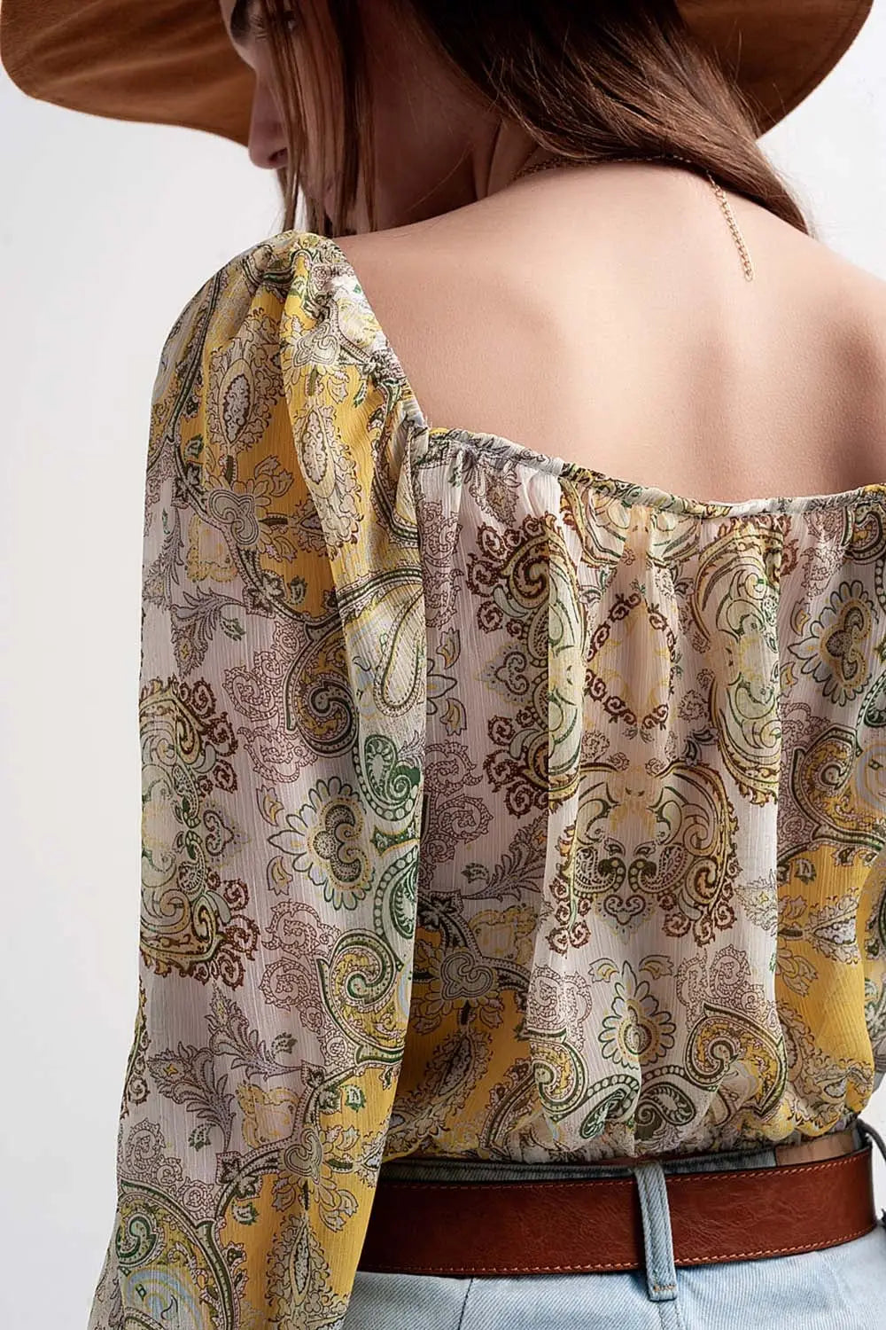 Long sleeve sheer top with shirred waist and tie detail in cachemir - Shirts Tops