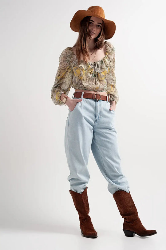 Long sleeve sheer top with shirred waist and tie detail in cachemir - Shirts Tops