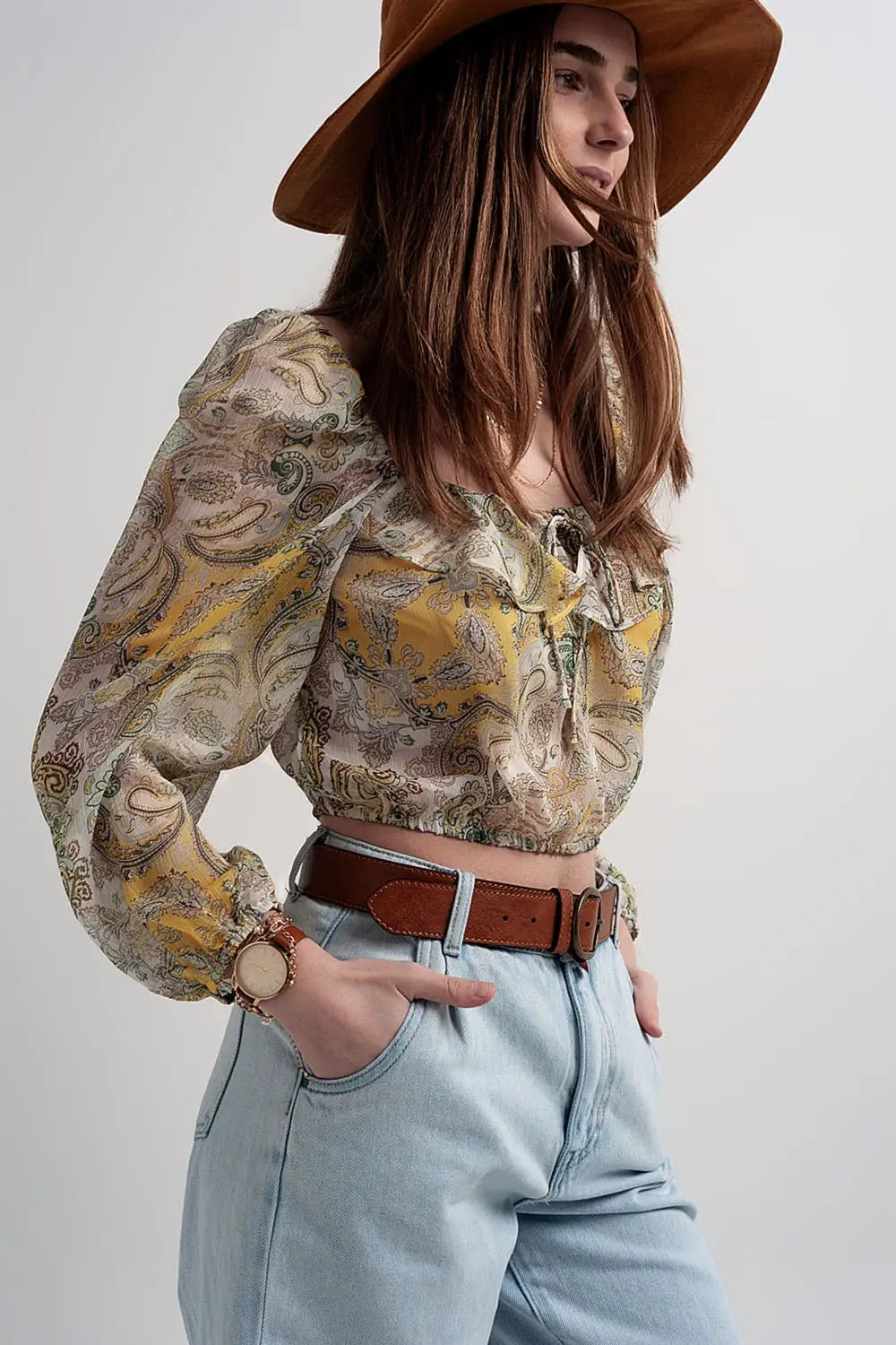 Long sleeve sheer top with shirred waist and tie detail in cachemir - Shirts Tops