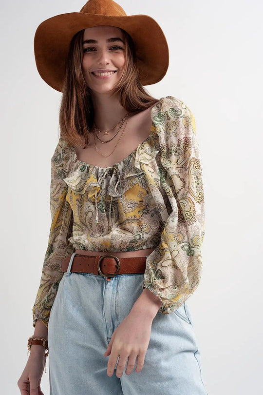 Long sleeve sheer top with shirred waist and tie detail in cachemir - Shirts Tops