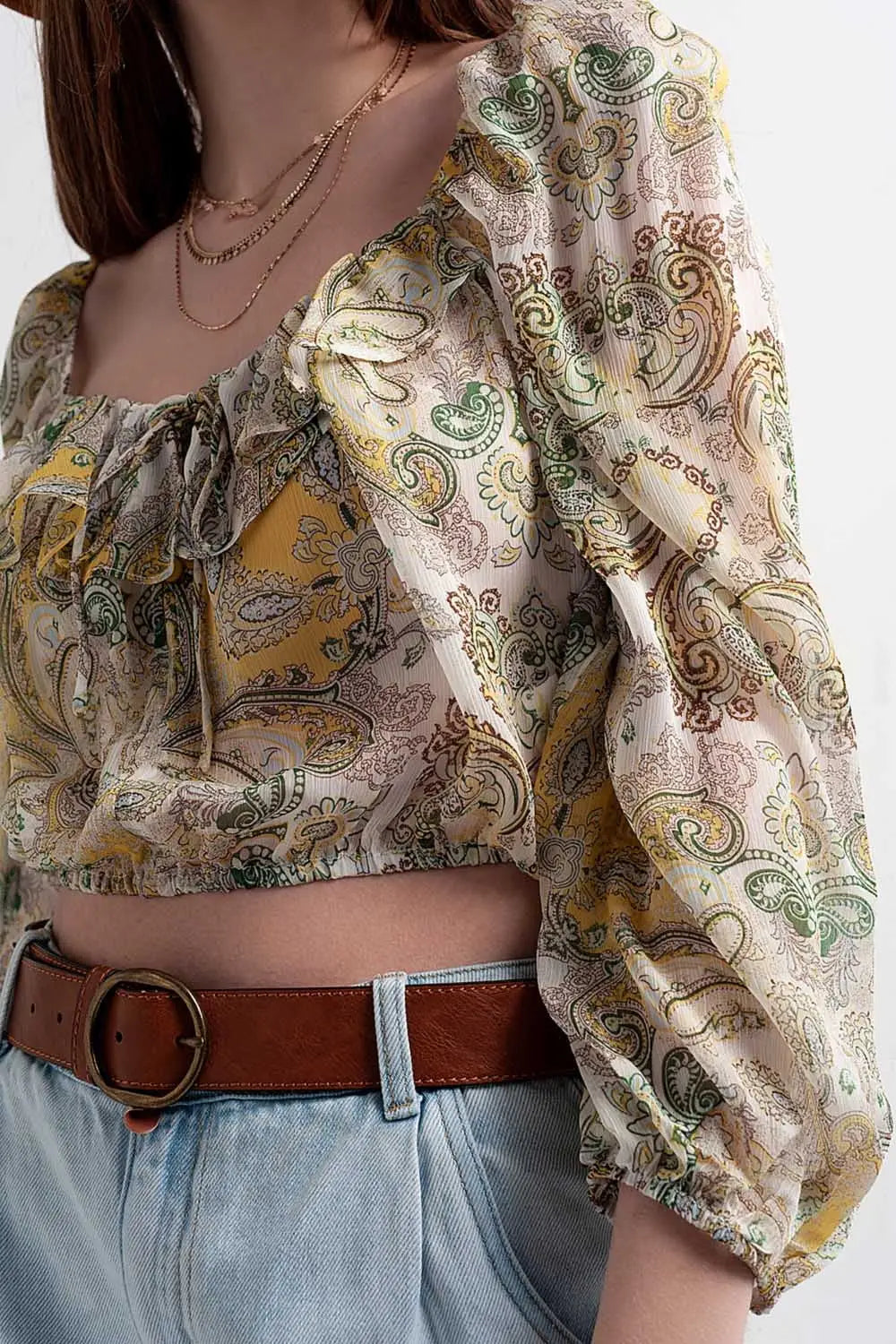 Long sleeve sheer top with shirred waist and tie detail in cachemir - Shirts Tops