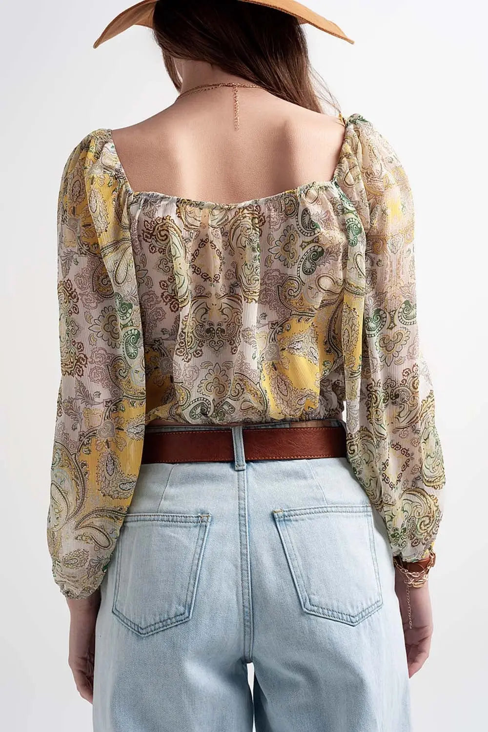 Long sleeve sheer top with shirred waist and tie detail in cachemir - Shirts Tops