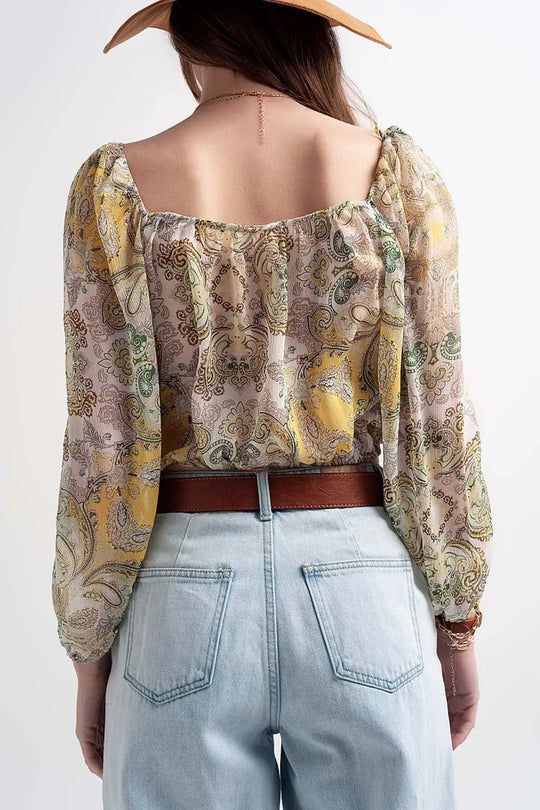 Long sleeve sheer top with shirred waist and tie detail in cachemir - Shirts Tops