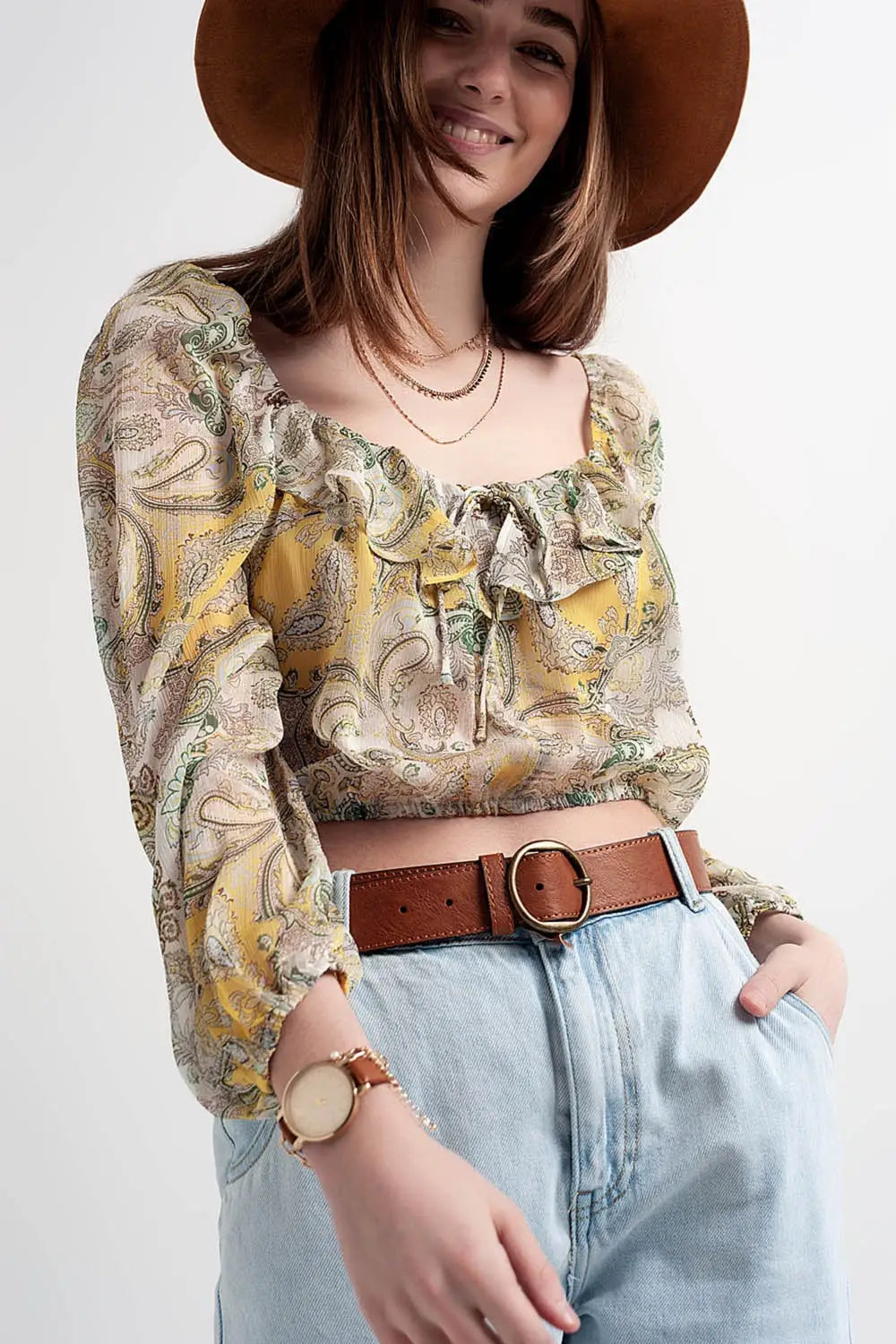 Long sleeve sheer top with shirred waist and tie detail in cachemir - Shirts Tops