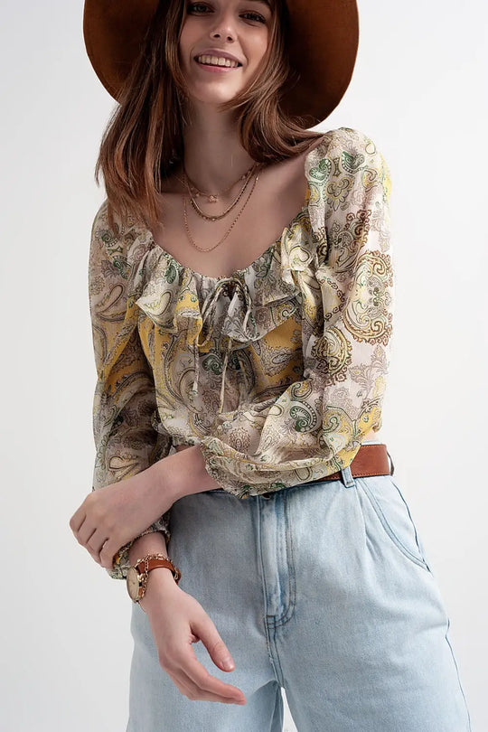 Long sleeve sheer top with shirred waist and tie detail in cachemir - Shirts Tops