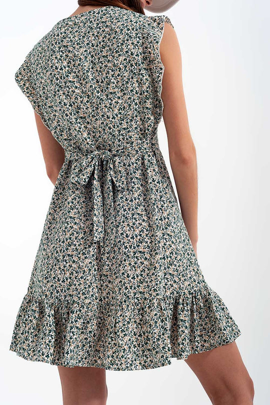 Mini dress with ruffle sleeve in ditsy floral in green