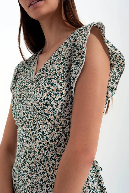 Mini dress with ruffle sleeve in ditsy floral in green - Dresses