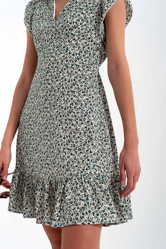 Mini dress with ruffle sleeve in ditsy floral in green - Dresses