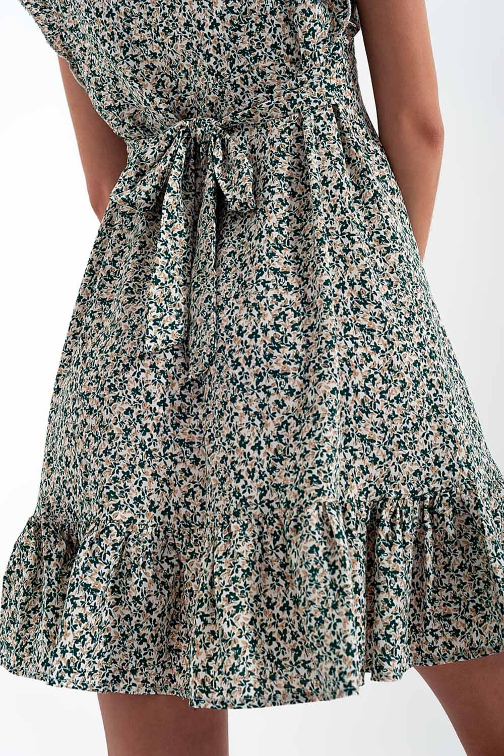 Mini dress with ruffle sleeve in ditsy floral in green