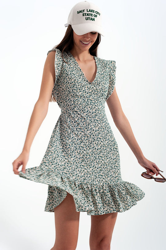Mini dress with ruffle sleeve in ditsy floral in green