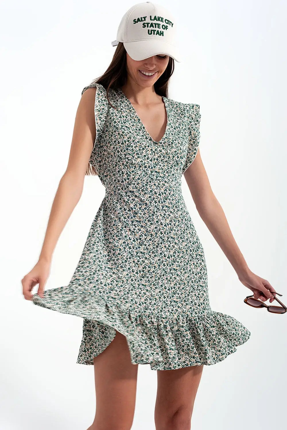 Mini dress with ruffle sleeve in ditsy floral in green - Dresses