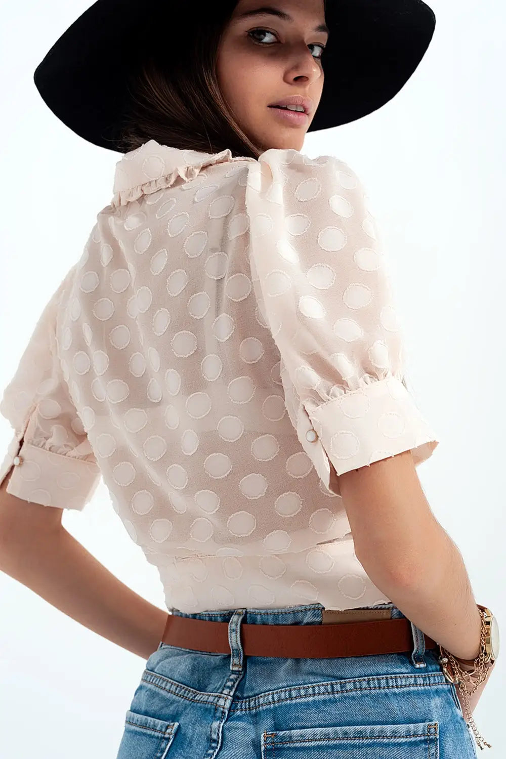 Beige Polka dot blouse with bib collar and embellished buttons - Shirts