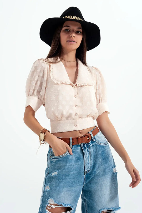 Beige Polka dot blouse with bib collar and embellished buttons - Shirts