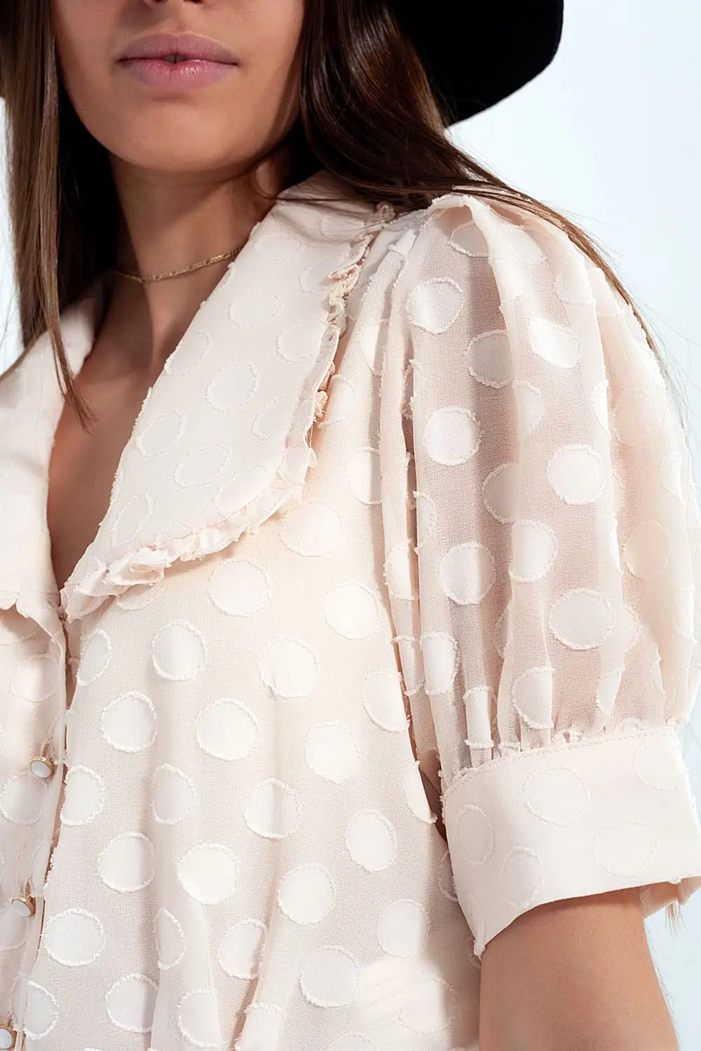 Beige Polka dot blouse with bib collar and embellished buttons - Shirts
