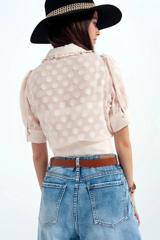 Beige Polka dot blouse with bib collar and embellished buttons - Shirts