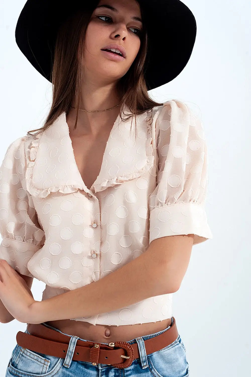 Beige Polka dot blouse with bib collar and embellished buttons - Shirts
