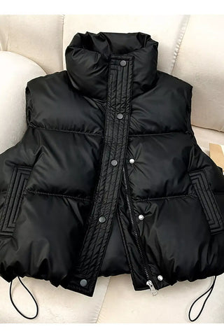 Drawstring Snap Down Puffer Vest Coat