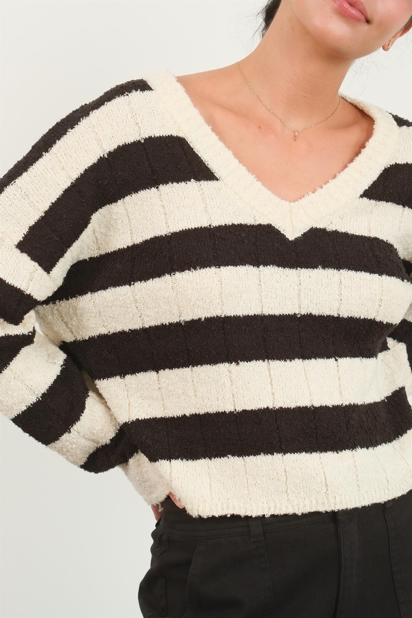 Striped Cream and Black V-Neck Sweater