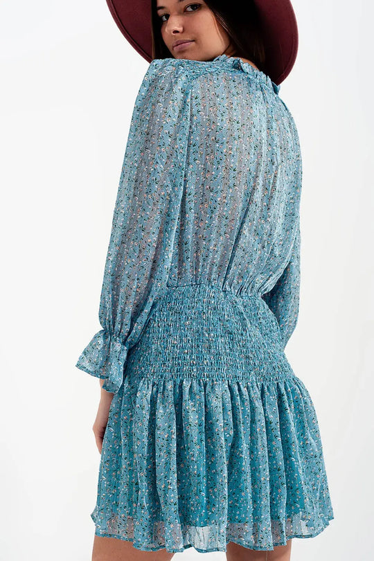 Shirred skirt mini dress with keyhole detail in turquoise - Dresses