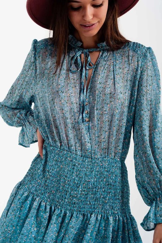 Shirred skirt mini dress with keyhole detail in turquoise - Dresses