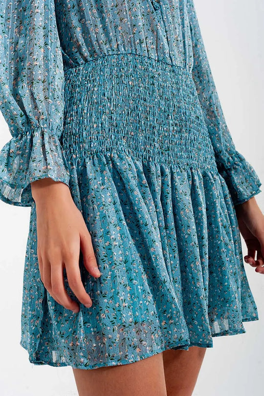 Shirred skirt mini dress with keyhole detail in turquoise - Dresses