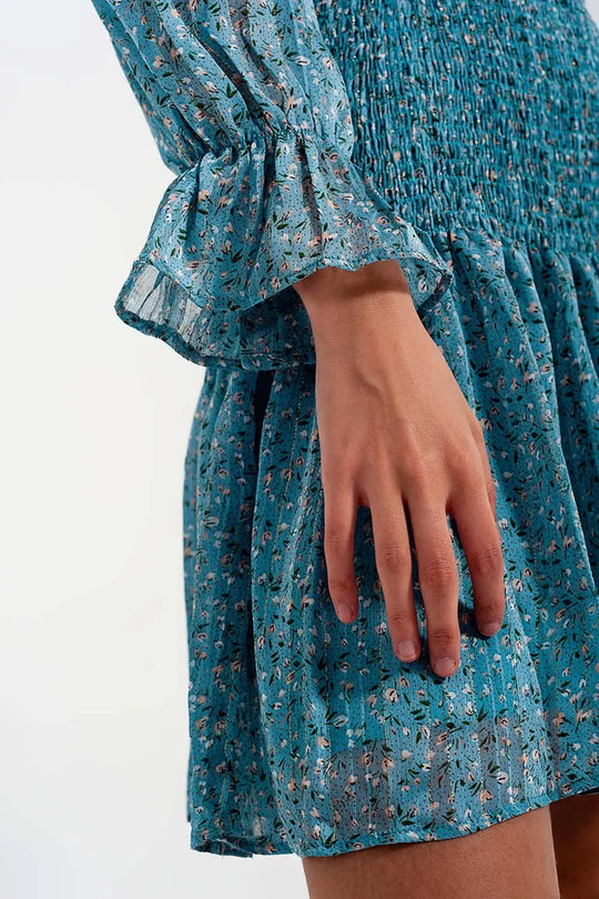 Shirred skirt mini dress with keyhole detail in turquoise - Dresses
