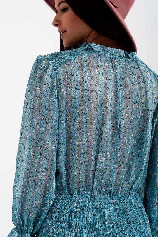 Shirred skirt mini dress with keyhole detail in turquoise - Dresses