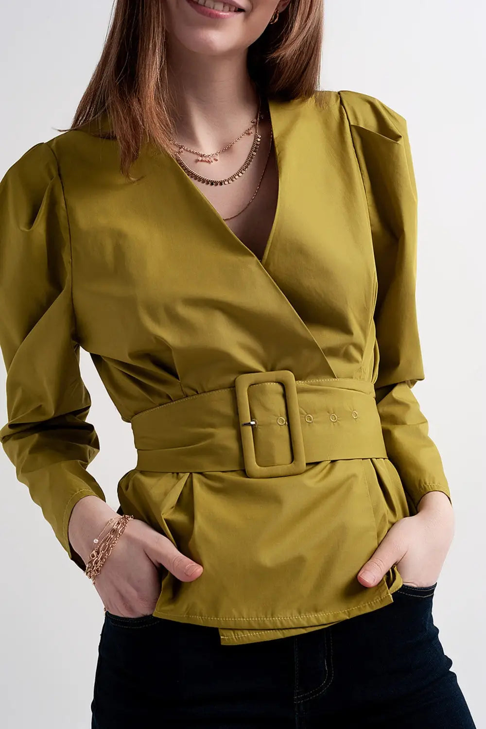 Puff sleeve wrap front top with belt detail in green - Shirts