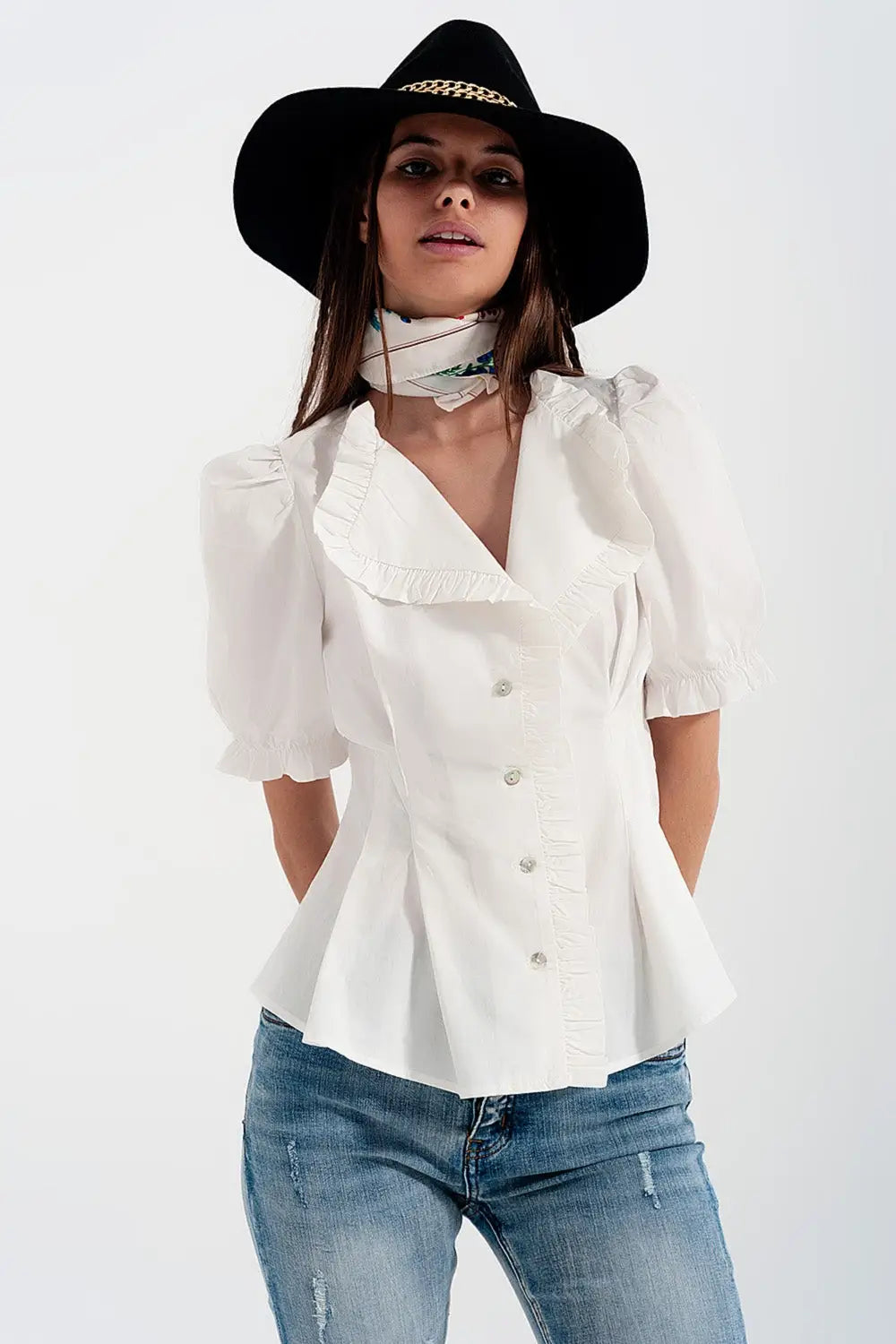 Poplin frill detail wrap blouse in cream - Shirts