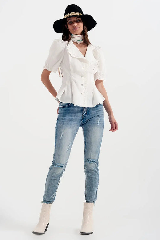 Poplin frill detail wrap blouse in cream - Shirts