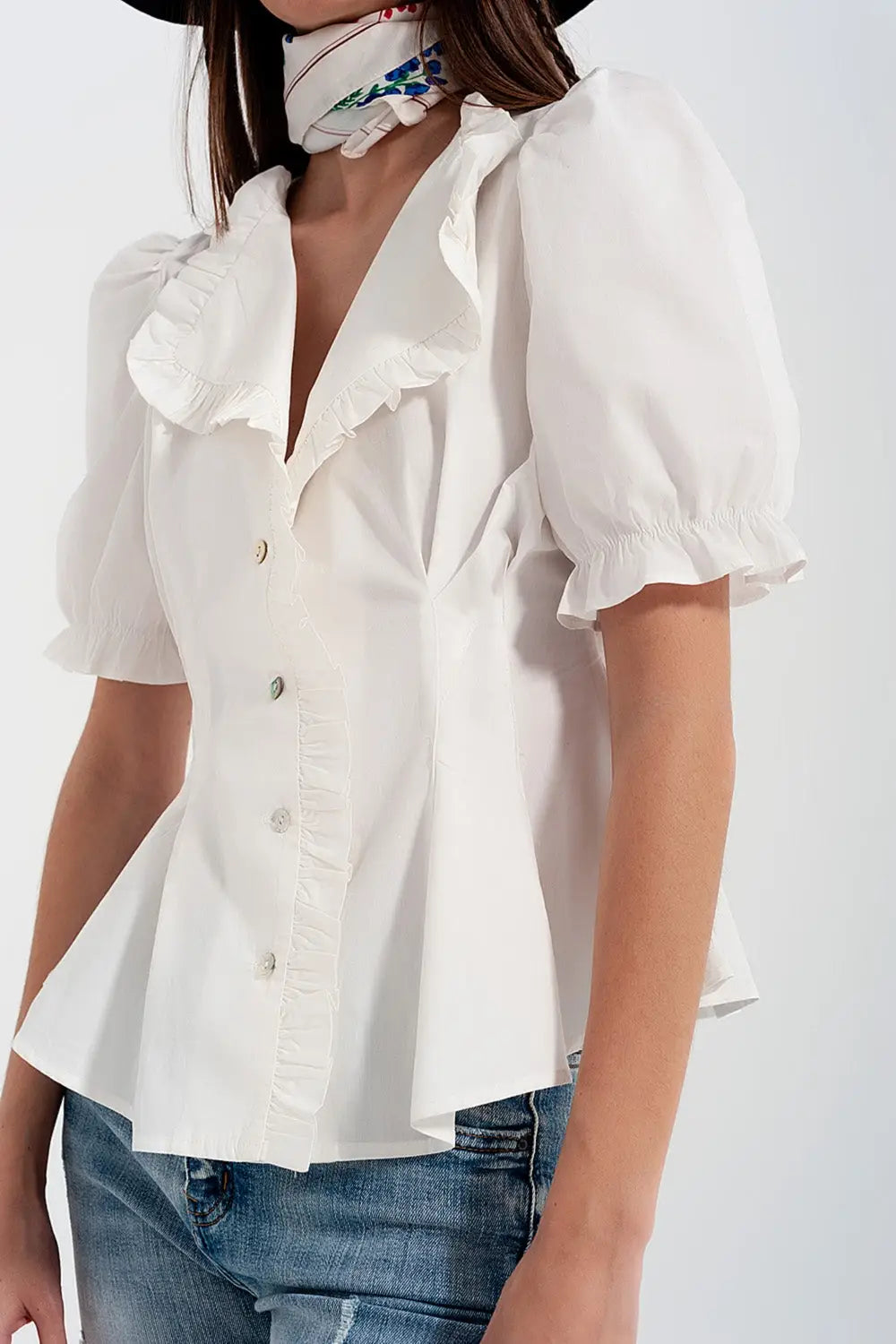 Poplin frill detail wrap blouse in cream - Shirts
