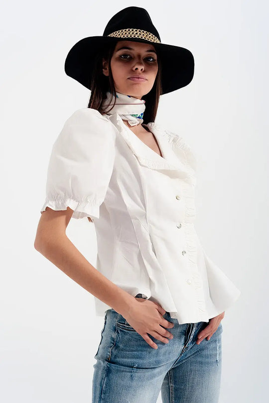 Poplin frill detail wrap blouse in cream - Shirts