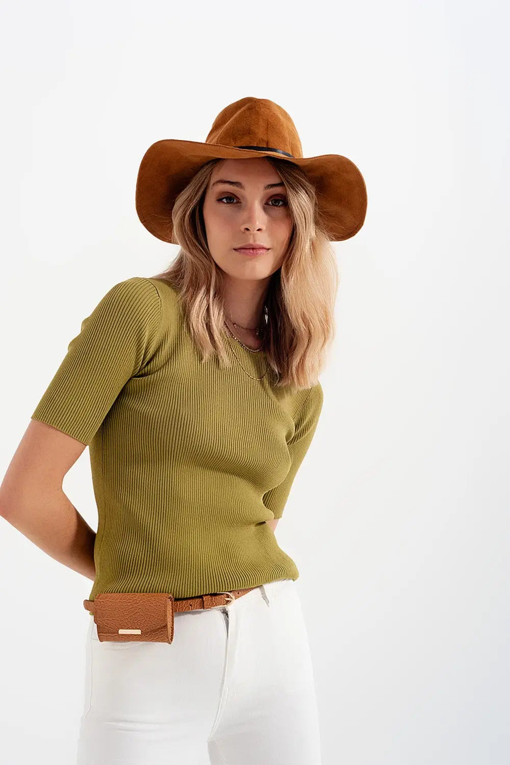 Rib knitted sweater with tie back in green - Sweaters