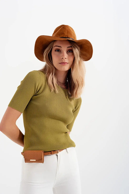 Rib knitted sweater with tie back in green - Sweaters